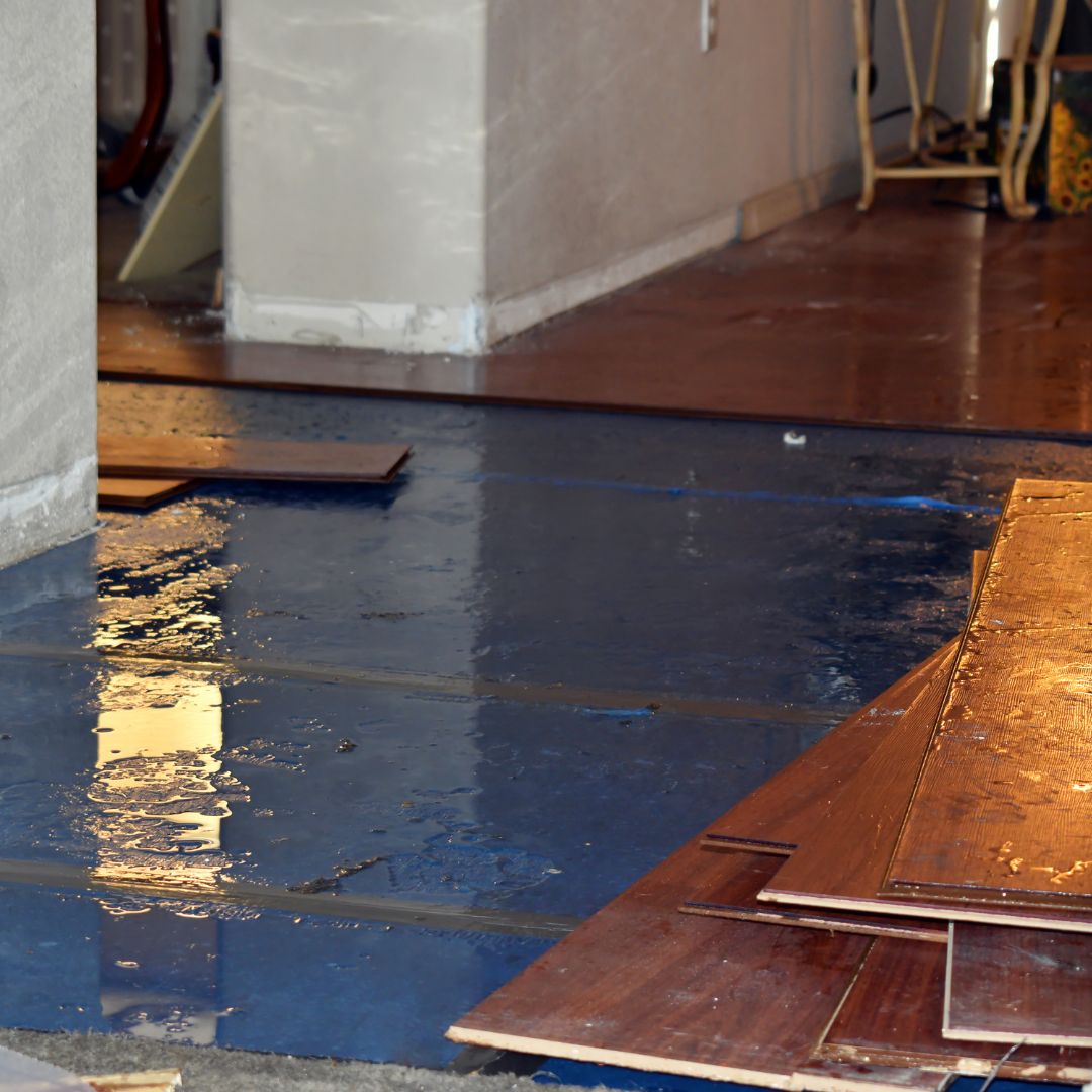 floorboards removed to show a slab leak