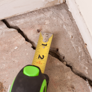 using a measureing tape to check the size of cracked foundation