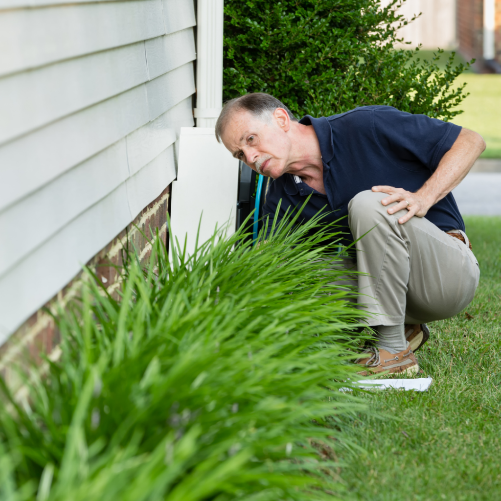 man looking at cracked home foundation