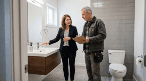 Commercial plumbing professional discussing bathroom plumbing fixtures and repairs with a property owner.